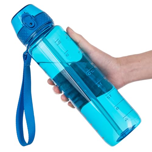 GOPPUS Water Bottle Clear Water Bottles 32oz Motivational with Time Marker Tritan BPA Free Sports Water Bottles Wide Mouth for Gym Travel Home School Office - color: Classic Blue