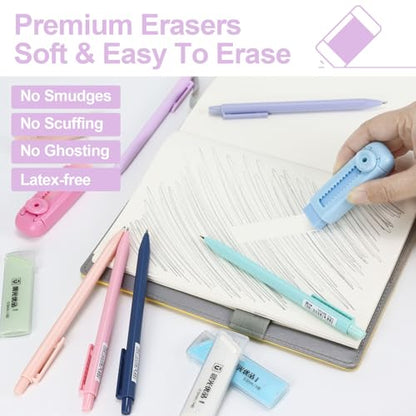 Mechanical Pencil Set - 6PCS 0.5mm Cute Pastel Mechanical Pencils, 2Push-Pull Retractable Eraser with 80PCS HB 0.5 Lead Refill and Clear Zipper bag Pencil Kit for Art, Drawing Pencils for Sketching - color: Pink