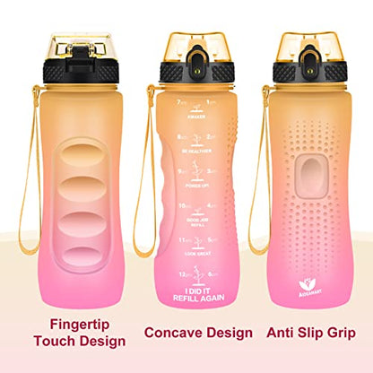 24 OZ Motivational Kids Water Bottle With Time Marker,Straw Lid,Leak Proof, Tritan BPA Free Sports Water Bottle Yellow Pink(1 Lid) - color: Yellow Pink