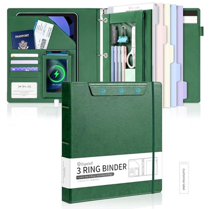 Ospelelf Green Leather 3 Ring Binder 1 Inch Round Ring, Magnetic Clipboard Folio with Storage Zipper Pouch, 5 Dividers with 10 Pockets, Professional Binder for School Office Nursing - color: Green