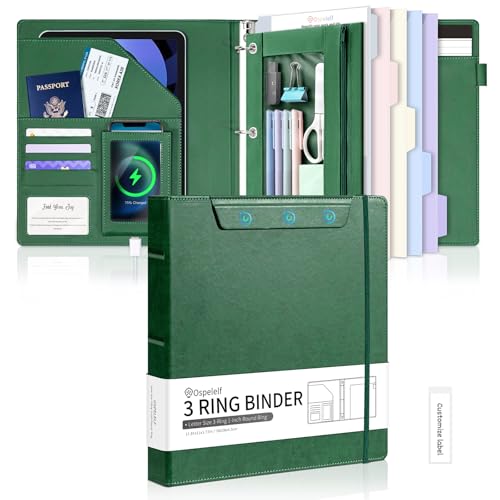 Ospelelf Green Leather 3 Ring Binder 1 Inch Round Ring, Magnetic Clipboard Folio with Storage Zipper Pouch, 5 Dividers with 10 Pockets, Professional Binder for School Office Nursing - color: Green
