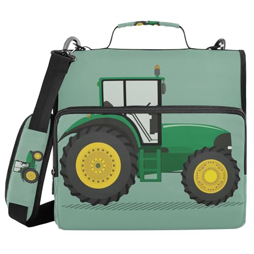 Fisyme Green Yellow Tractor Zipper Binder 3 Ring with Zipper and Shoulder Strap Large Capacity Multi-Pocket Binder Organizer - color: Multi-dark Green