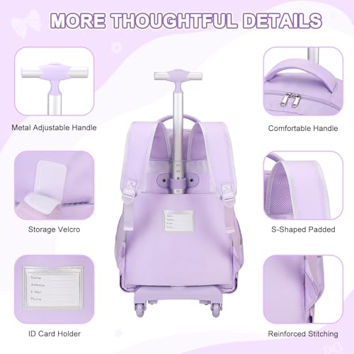 Scothen Rolling Backpack for Girls, Girls Backpack Set with Lunch Box & Pencil Pouch for Teen Girl Kids Children Elementary Middle School, Bookbag Daypack Laptop Travel Backpack with Wheels (Purple) - color: Purple