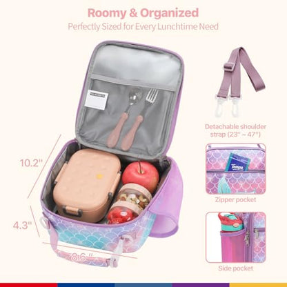 Bagseri Kids Lunch Bag with Shoulder Strap - Insulated School Lunch Box | Easy Carry Handle, Leak Proof, Water Bottle Holder, Roomy Toddler Lunch Box for Snacks, Drinks, Picnics, Trip, Purple Mermaid - color: B Purple Mermaid Tail, size: Crossbody Strap S