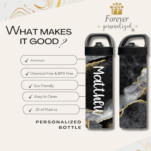 Personalized Black Gold Marble Water Bottle with Name | 20oz Stainless Steel Insulated Bottle | Custom Gym, School & Sports Tumbler for Adults & Students - color: Black