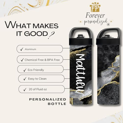 Personalized Black Gold Marble Water Bottle with Name | 20oz Stainless Steel Insulated Bottle | Custom Gym, School & Sports Tumbler for Adults & Students - color: Black
