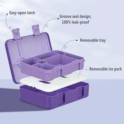 JOOPETALK Chill Bento Lunch Box for Kids Adult with Ice Pack,6-Compartment Reusable Leak-proof Lunch Container for Girls Boys to School,Keep Food Cold&Fresh,Dishwasher & Freezer Safe - color: Purple