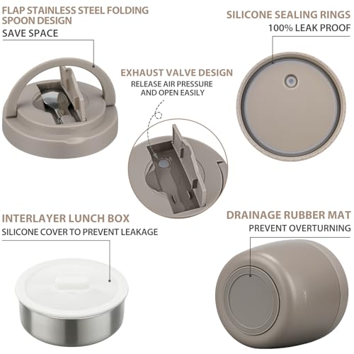 wiwens Thermo Food Jar for Hot Food Adults 32OZ Soup Thermo Lunch Containers Wide Mouth Vacuum Insulated Stainless Steel Leakproof Bento Box with Spoon (Khaki) - color: Khaki