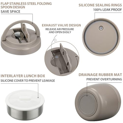 wiwens Thermo Food Jar for Hot Food Adults 32OZ Soup Thermo Lunch Containers Wide Mouth Vacuum Insulated Stainless Steel Leakproof Bento Box with Spoon (Khaki) - color: Khaki