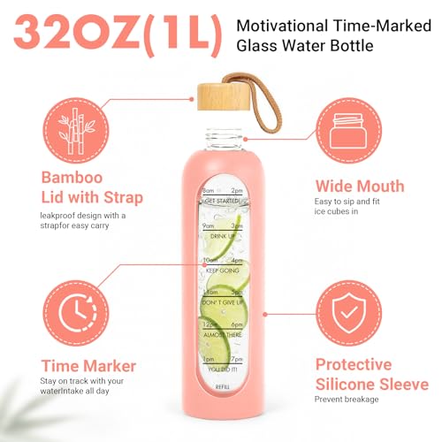 32 OZ Glass Water Bottles, Borosilicate Glass Bottle with Time Marker, 1 Liter Leak Proof Reusable BPA Free Motivational Water Bottles with Silicone Sleeve and Bamboo Lid (Pink) - color: Pink