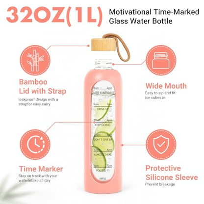 32 OZ Glass Water Bottles, Borosilicate Glass Bottle with Time Marker, 1 Liter Leak Proof Reusable BPA Free Motivational Water Bottles with Silicone Sleeve and Bamboo Lid (Pink) - color: Pink