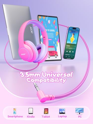 Acer Kids Headphones Wired for School - Over Ear Design, 85/94dB Safe Volume Limit, 3.5mm Jack Foldable Headphones for Toddler Boys Girls Classroom Yoto Player Chromebook Travel (Pink) - color: Pink