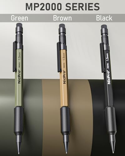 Nicpro 3 PCS 1.3 mm Mechanical Pencil Set 3 Colors with 48 Lead Refill, 3 Eraser - Weatherproof Metal MP2000 Heavy Duty Carpenter Pencil for Outdoor Marking Drafting Drawing Woodworking - style: 3 Pack (Black Green Brown)