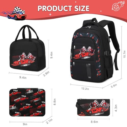 ACESAK Luminous Boys Backpack - Racing Car Bento Box with Insulated Lunch Bag Pencil Case & Utensils Set for Kids, 6 Leakproof Compartments Removable Tray Lunches or Snack Container (Racing Car) - color: Red Car
