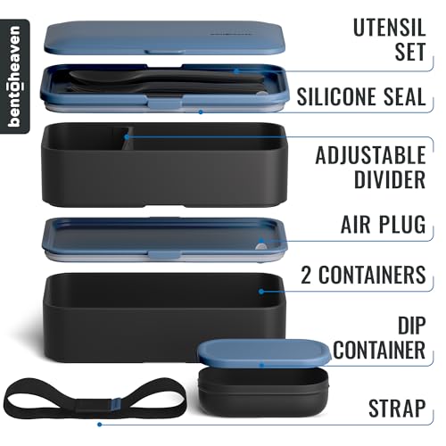 Bentoheaven Bento Box Adult, Stackable Lunch Box, 40 oz, Steel My Heart | BPA-free, leakproof and microwave-safe with 2 compartments, utensils, chopsticks, divider and sauce cup for men and women. - color: Steel My Heart