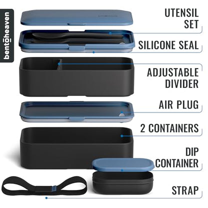 Bentoheaven Bento Box Adult, Stackable Lunch Box, 40 oz, Steel My Heart | BPA-free, leakproof and microwave-safe with 2 compartments, utensils, chopsticks, divider and sauce cup for men and women. - color: Steel My Heart