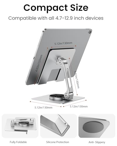 TIGRIS 360° Rotating Tablet Stand for iPad, Adjustable Foldable Metal Desk Stand, Stable Portable Tablet Holder for Office, Kitchen, Video Calls, Compatible with iPad Pro/Air/Mini, Kindle, Surface