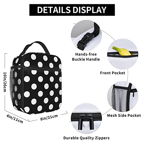 YETTA YANG Polka Dot Black And White Portable Lunch Bag Insulated Lunch Box Reusable Totes For Women Men Work Picnic Camping - color: Black11