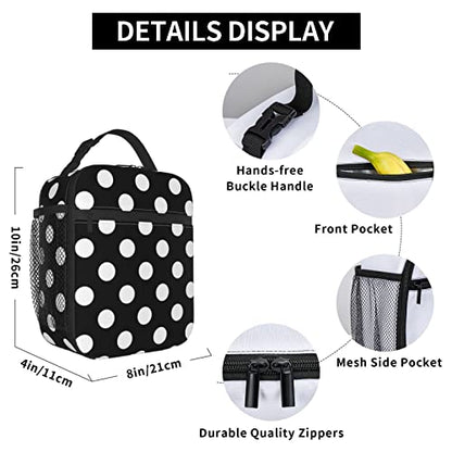 YETTA YANG Polka Dot Black And White Portable Lunch Bag Insulated Lunch Box Reusable Totes For Women Men Work Picnic Camping - color: Black11