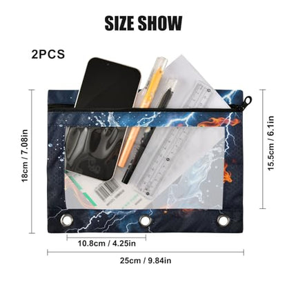 Kcldeci Pencil Pouch for 3 Ring Binder, Soccer Ball in Fire and Water 2 Pack Binder Pencil Pouch with Clear Window Pencil Bags with Zipper Pencil Case for Binder - color: A01