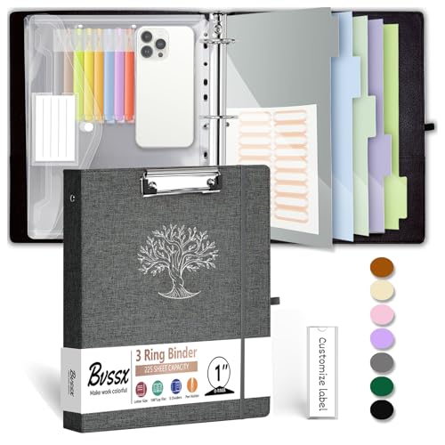 3 Ring Binder, 1 Inch Three Ring Linen Leather Binder Organizer with Clipboard for Letter Size Paper, Transparent Folder, 5-Tabs Dividers, File Folder Labels, Pen Loop, Elastic Strap (Dark Grey) - color: 2-grey Lifetree, size: 1in（Letter Size）