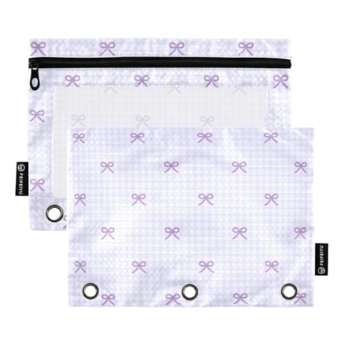 Pencil Pouch for 3 Ring Binder Purple Checkered and Bows 2 Pack Clear Window Pencil Bags with Zipper Pencil Case - color: Multicolored 21