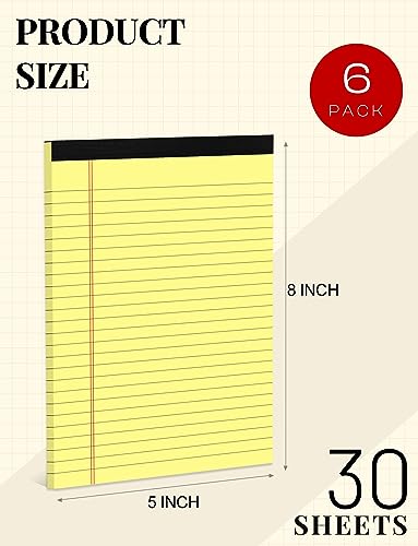 Yellow Note Pads 5x8 Small Legal Pads College Ruled Notepad for Office 6 Pack Yellow Writing Pads 5x8 Narrow Ruled Paper Pads 25 Lines 80 GSM Paper Tablets 5x8" Lined Notepads With 30 Sheets Per Pad - color: Yellow-6P