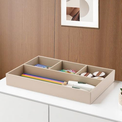 KINGFOM 4-Slot Leather Drawer Tray Desk Stationery Sundries Organizer Storage Box Pen Pencil Holder Case Container (Dark Beige) - color: Dark Beige