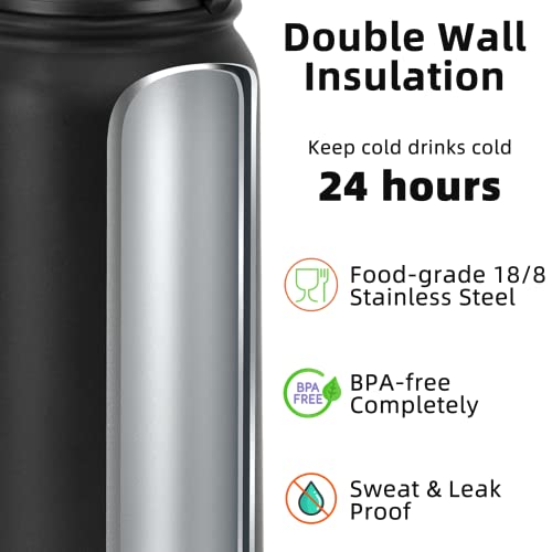 Fanhaw 32 oz Insulated Stainless Steel Water Bottle with Anti-Dust Chug Lid, Leakproof Vacuum Sports Bottle for Kids, Teens & Adults, Back to School Essentials (Black) - color: Black, style: 32 Ounces
