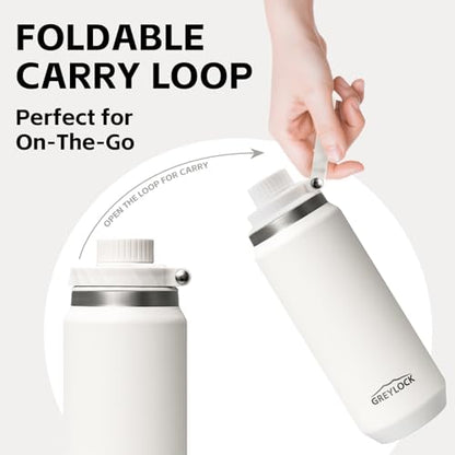Greylock 20 oz Insulated Water Bottle with Straw Lid, Reusable Stainless Steel Sports Water Bottles with Foldable Handle, Leak Proof, Double-Wall Vacuum Insulation, 24 Hours Cold (White) - color: White, size: 20 Ounces