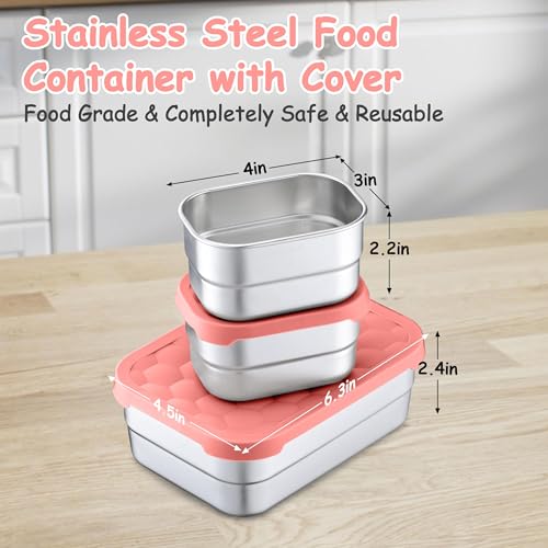 Homikit 3 Pack Kids Lunch Box Set, 18/10 Stainless Steel Bento Boxes with Silicone Lids Leak Proof, 5 Cups Reusable Metal Food Snack Containers for School Daycare, Nontoxic & Dishwasher Safe, Pink - color: Pink, size: Medium