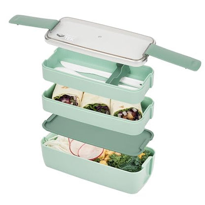 Bento Tek 30 Ounce Bento Box, 1 Stackable 3 Compartment Lunch Container - With Fork And Knife, Does Not Contain BPA, Green Plastic Reusable Lunch Box, Microwavable, Dishwashable - Restaurantware - size: 1 Count, style: 30 oz - Green