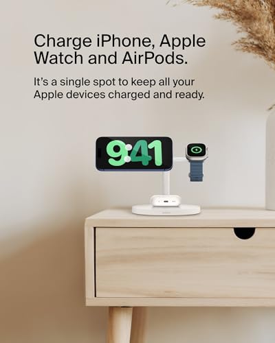 Belkin MagSafe-Compatible iPhone Charger, 3-in-1 Wireless Charging Station, Qi2-Certified 15W Wireless Charge for Apple iPhone 17 Series, Apple Watch, AirPods w/Non-Slip Base, 40W Included - White - color: White, style: Matte Finish