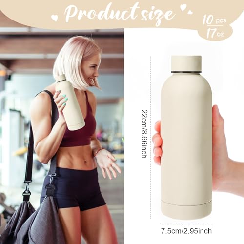 Bokon 10 Pcs Stainless Steel Water Bottle Bulk Teacher Employee Appreciation Gifts School Double Layer Vacuum 17 oz Small Mouth Sport Insulated Metal Reusable Flask Leakproof Lid - color: Beige