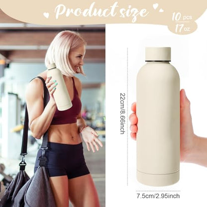 Bokon 10 Pcs Stainless Steel Water Bottle Bulk Teacher Employee Appreciation Gifts School Double Layer Vacuum 17 oz Small Mouth Sport Insulated Metal Reusable Flask Leakproof Lid - color: Beige