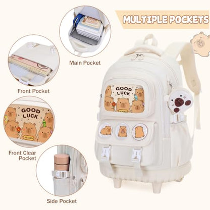 Capybara Rolling Backpack for Girls - 3PCS Girls Backpack Kids Suitcase with Lunch Box & Pencil Case Travel - Capybara Backpack with Wheels for Kindergarten Preschool Elementary (Beige) - color: Beige