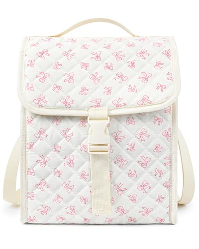 Aileam Quilted Lunch Bag for Girls Cute Lunch Box Women Insulated Pink Bow Lunch Bag for Work Quilted Large Capacity Reusable Insulated Cooler for Work Kids School Picnic Travel - color: StyleB Pink Bow