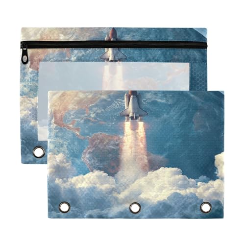 Kcldeci Pencil Pouch for 3 Ring Binder, Rocket 2 Pack Binder Pencil Pouch with Clear Window Pencil Bags with Zipper Pencil Case for Binder - color: B04