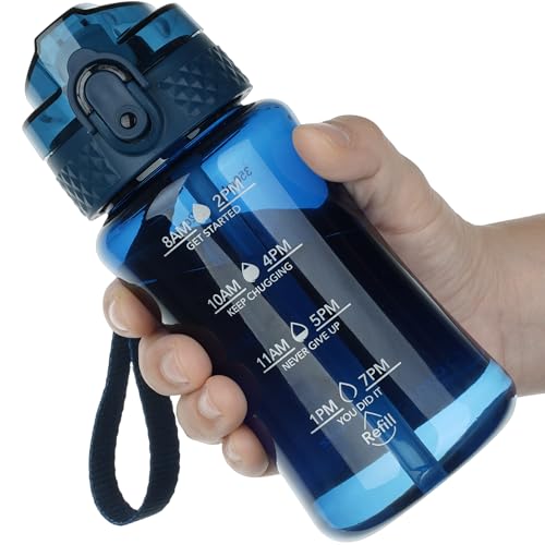 OLDLEY 12oz Kids Water Bottle, Tritan BPA-Free, Leakproof Flip Straw Lid, Motivational Time Marker, Carry Strap, Reusable Clear Water Bottle for Boys & Girls,Slate Blue - color: Slate Blue, style: 12 Ounces