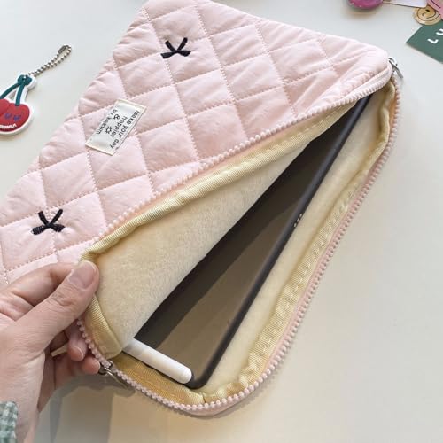 Cute Puffy Laptop Sleeve 13 Inch, Quilted Protective Case with Bow Embroidery, Coquette Y2K Preppy Kawaii Aesthetic Bag for 13” 14" Mac-Book & Laptops - color: Light Pink-Bow