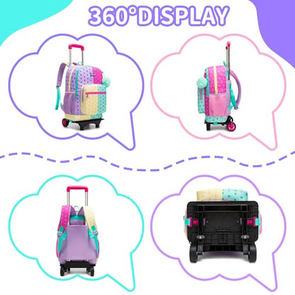 Girls Rolling Backpack with Wheels,Kids Backpack with Wheels Girls Large Capacity School Trolley Bookbag for Elementary Travel & Daily Use - color: Purple Pink Love