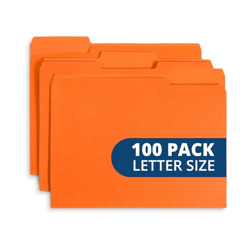 Blue Summit Supplies 100 File Folders, Letter Size, 1/3 Cut Tab, Orange | Durable 11pt uncoated paper, 1/3 cut top tab, assorted tab positions, for office, school, and home filing - color: Orange