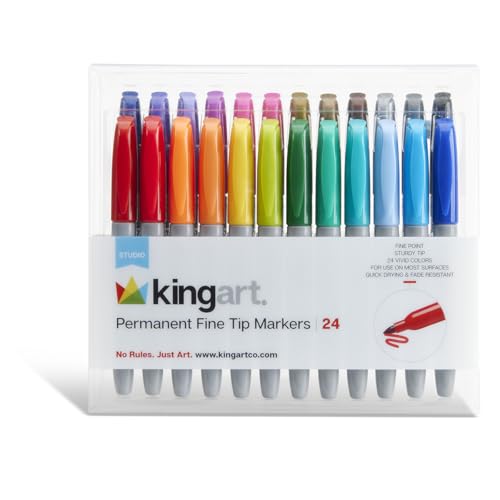 KINGART PERMANENT INK Fine Tip MARKERS, Unique & Vivid Colors For Marking, Decorating and Signs, Set of 24