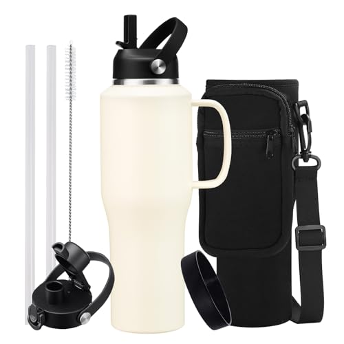 Insulated Water Bottle 32 OZ - with Straw & Pop-up Spout Lid, Keep Cold-48H Hot-12H, Stainless-Steel with handle for Women Men, Metal Flask Water Bottle Fits in Cup Holder - color: Cream White with handle, size: 32 Ounces