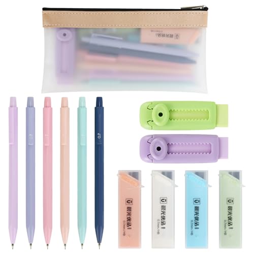Buqoo Mechanical Pencil Set, 6PCS 0.7mm Cute Pastel Mechanical Pencils, 2Push-Pull Retractable Eraser with 80PCS HB 0.7 Lead Refill and Zipper Bag Pencil Kit for Art, Drawing Pencils for Sketching - color: Multicolor Pink