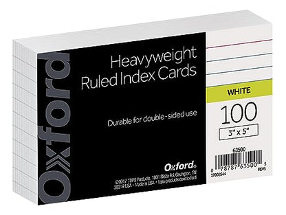 Oxford Heavyweight Ruled Index Cards, 3" x 5", White, 100 Per Pack (63500) - color: White, size: 100 Count (Pack of 1)