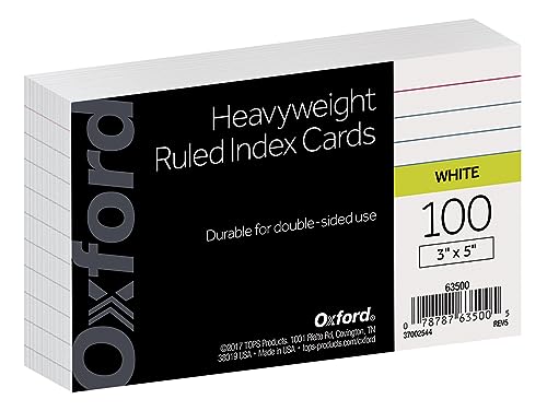 Oxford Heavyweight Ruled Index Cards, 3" x 5", White, 100 Per Pack (63500) - color: White, size: 100 Count (Pack of 1)