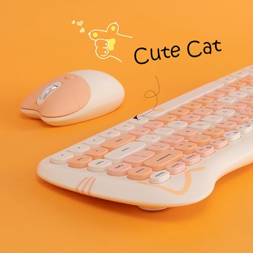 Cute Cat 2.4G USB Wireless Keyboard and Mouse Combo, Silent Keys, Candy Colors, Compatible with Notebook, PC (MilkTea-84Keys) - color: MilkTea-84Keys