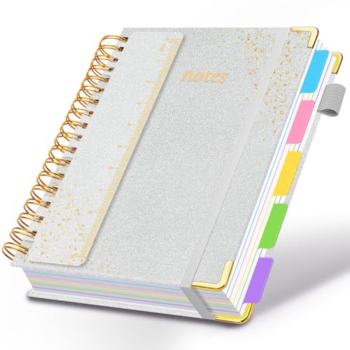 Hardcover Spiral Notebook with Removable Dividers & Tabs, 8.5"x11" 5 Subject Notebooks for Work, 300 Pages College Ruled Notebook, A4 Sparkle Lined Journal for Women Girls Note-Taking (Silver) - color: Silver, size: 8.5''x 11''
