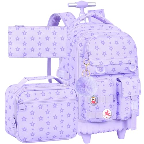 WZLVO 3PCS Rolling Bookbag, Water Resistance Girls Wheeled Backpack, Women Aesthetic Roller School Bag Set with Lunch Box & Pencil Bag for Teens & Kids - Purple Star - color: 3pcs Girls Rolling Backpack - Purple Star
